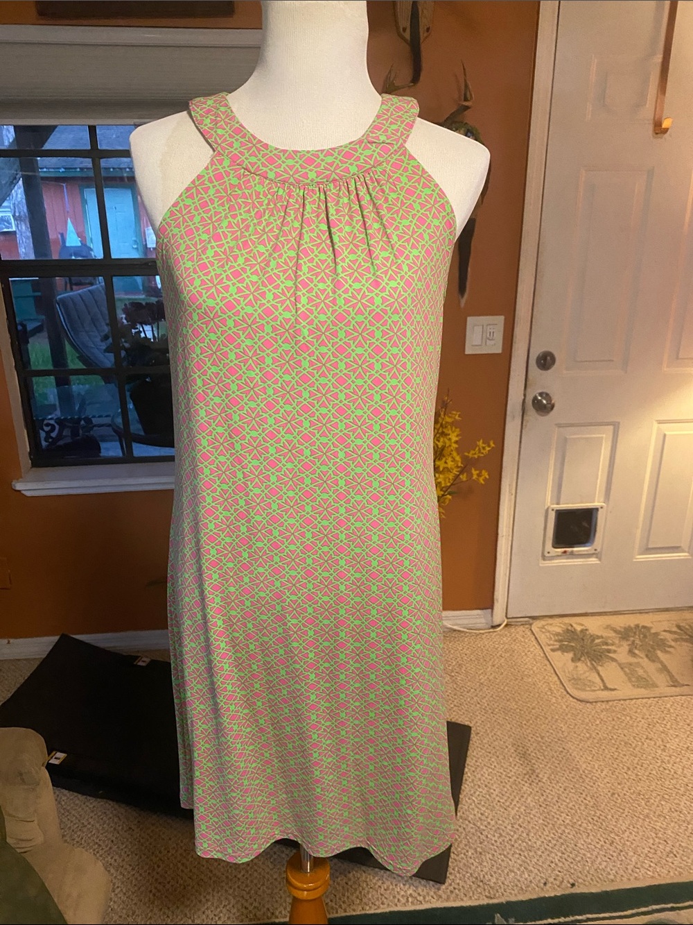 Halter Neck Midi Dress in Pink and Green Geometric Print